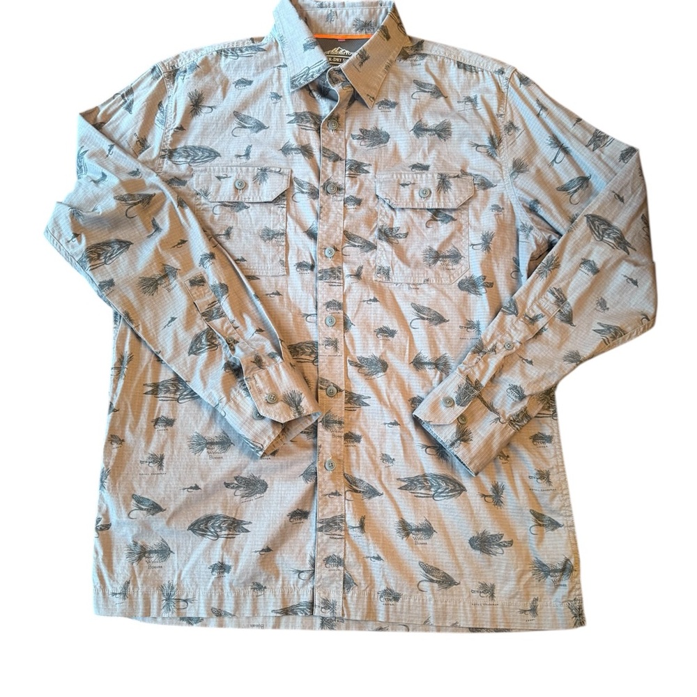 Croft & Barrow olive fly fishing Print Quick-Dry Shirt Mens Medium